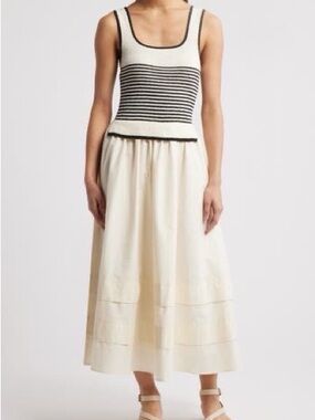 Moon River Cream Midi Dress with Black Trim